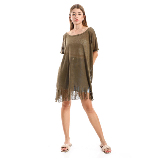 Jamila women solid pattern cover up with decorated fringes
