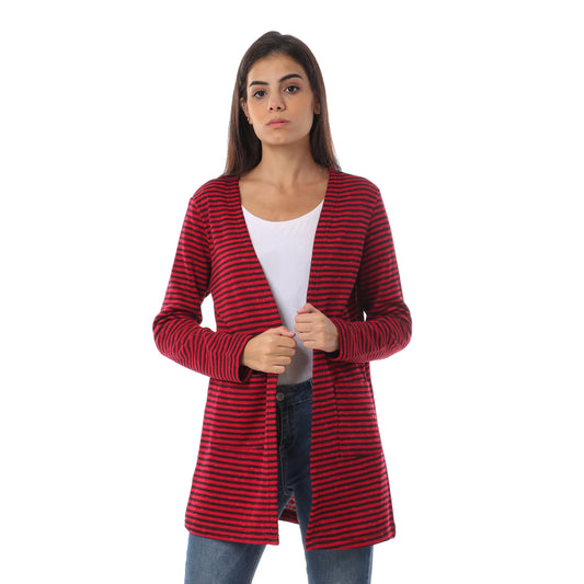 Jamila Women Hairline Stripes Front Pockets Long Sleeves Open Cotton Cardigan