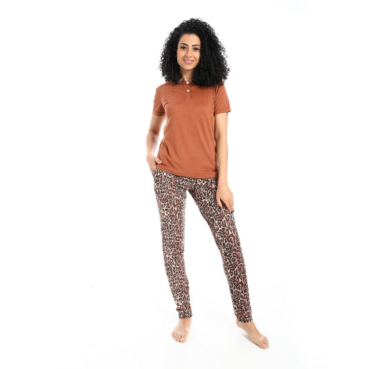 Self Pattern Short Sleeves Pajama Set