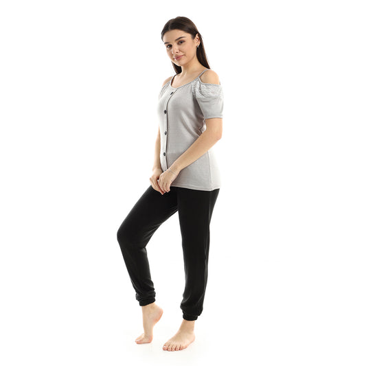 Kady Womens Cold Shoulder Slip On Pajama With Buttons