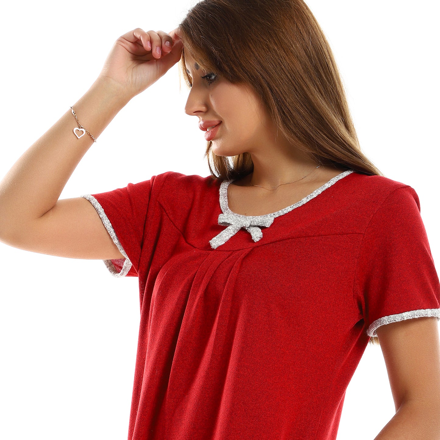 قميص نوم كادي رمادي بشريط على الصدر باللون الفوشيا المحمر للنساء