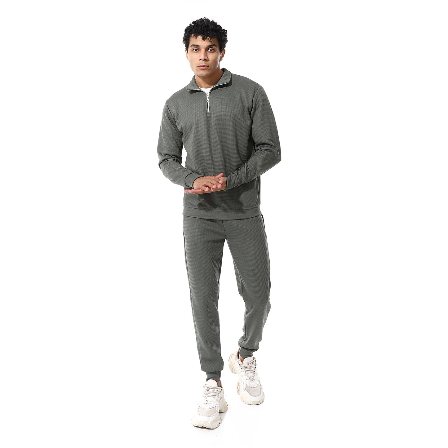 set of pant and ribbed sweatshirt with short zipper