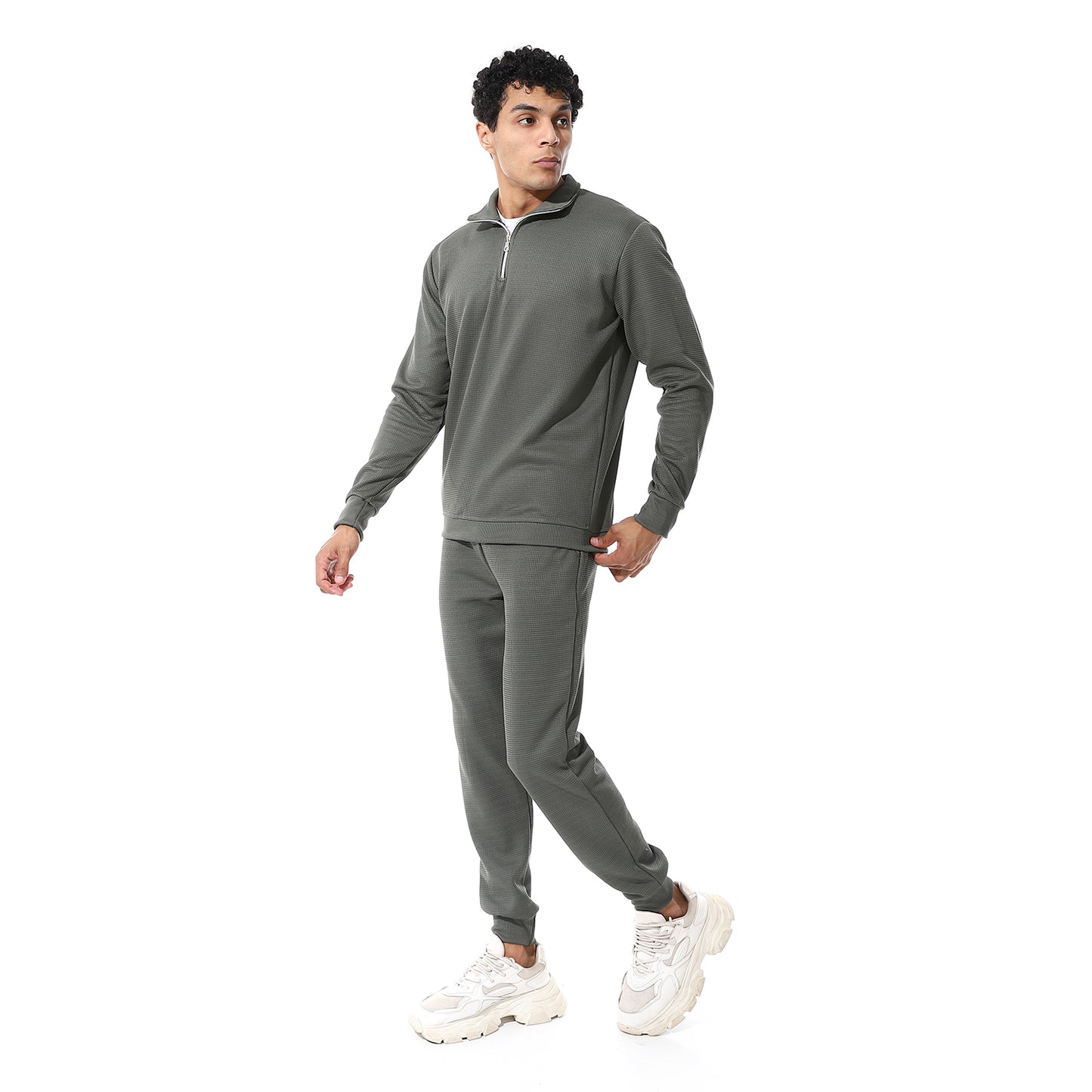 set of pant and ribbed sweatshirt with short zipper