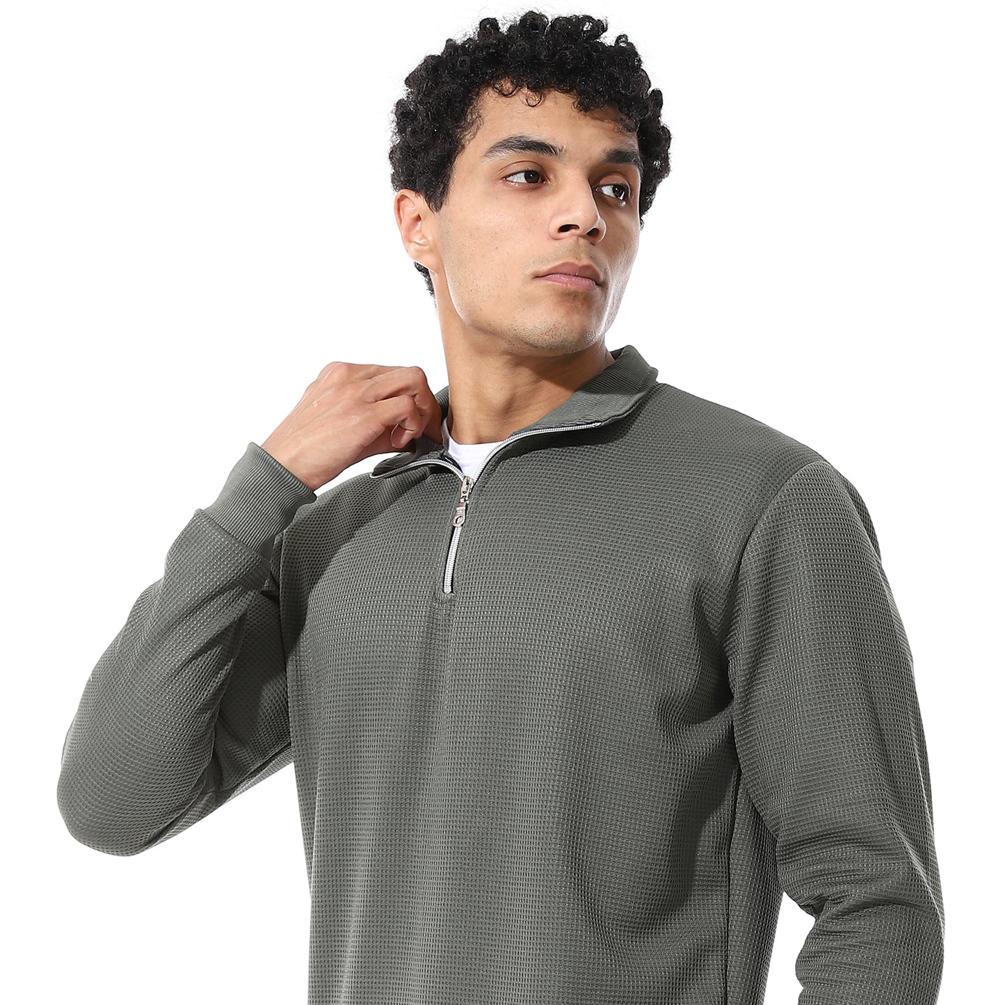 set of pant and ribbed sweatshirt with short zipper