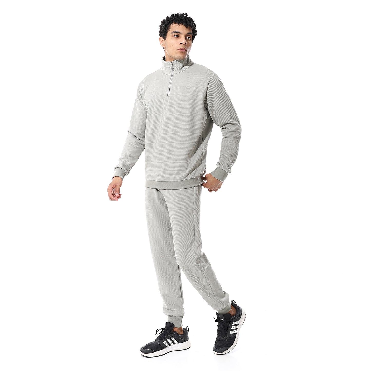 set of pant and ribbed sweatshirt with short zipper
