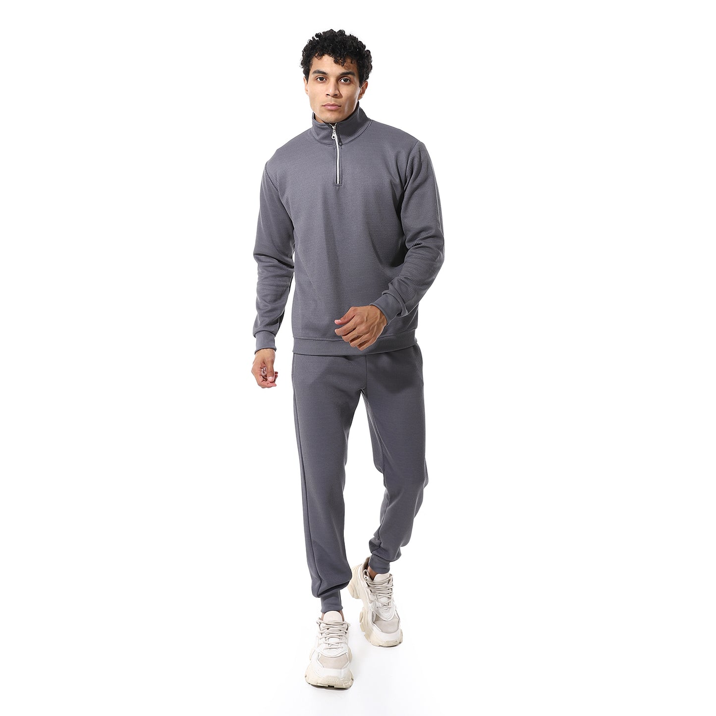 set of pant and ribbed sweatshirt with short zipper