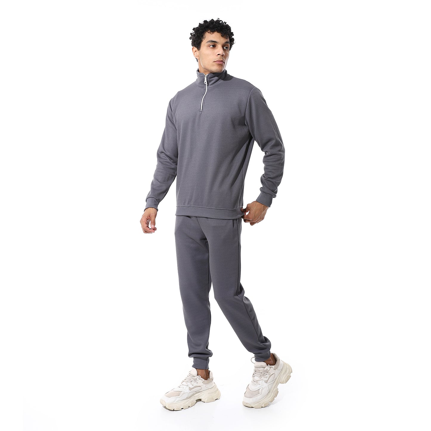 set of pant and ribbed sweatshirt with short zipper