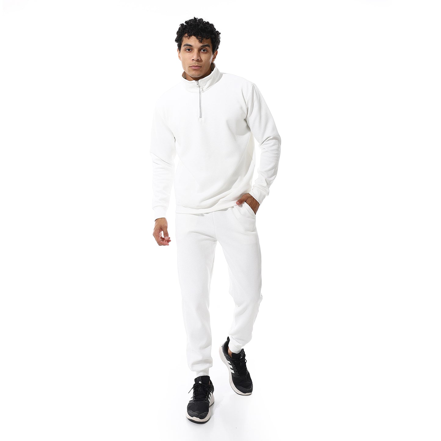 set of pant and ribbed sweatshirt with short zipper