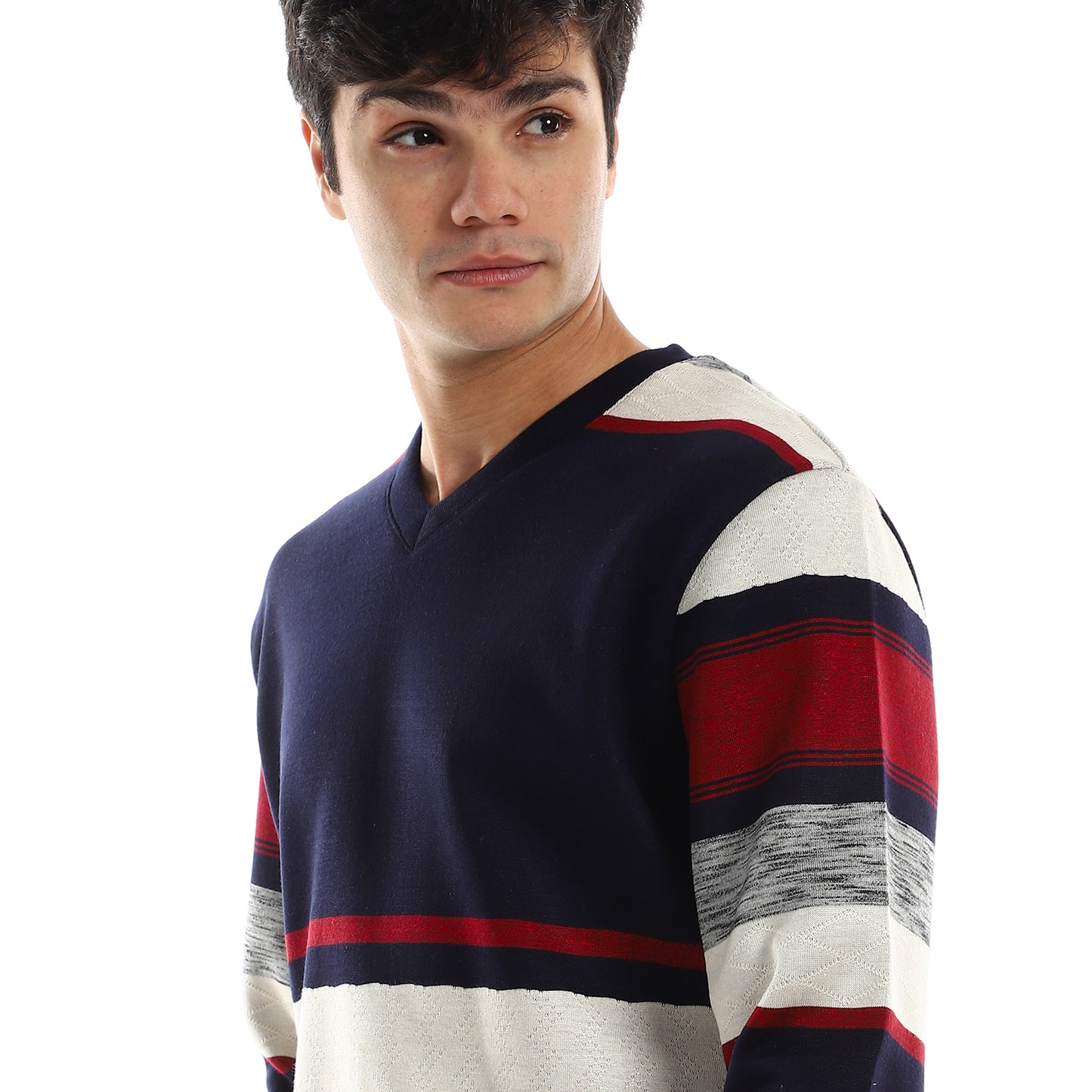 Striped V-Neck Fleeced Pullover