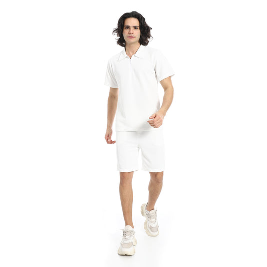 White Turn Down Collar Zipped T-Shirt and Shorts Set