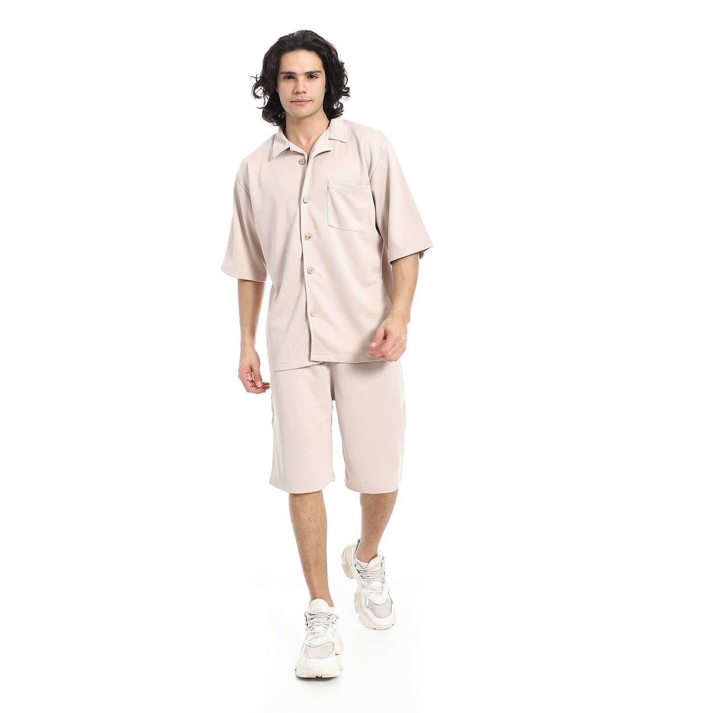 Regular Fit Pique White Shirt and Shorts Set
