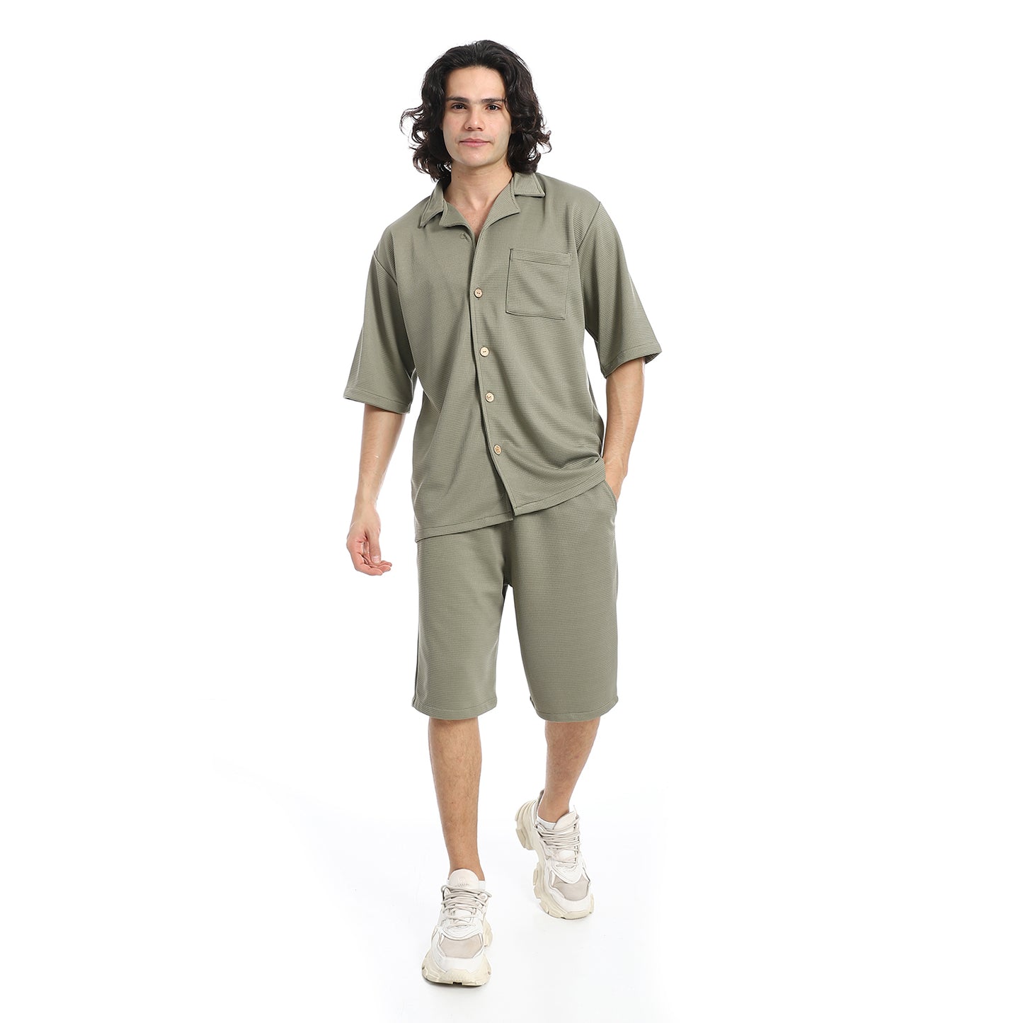 Regular Fit Pique White Shirt and Shorts Set