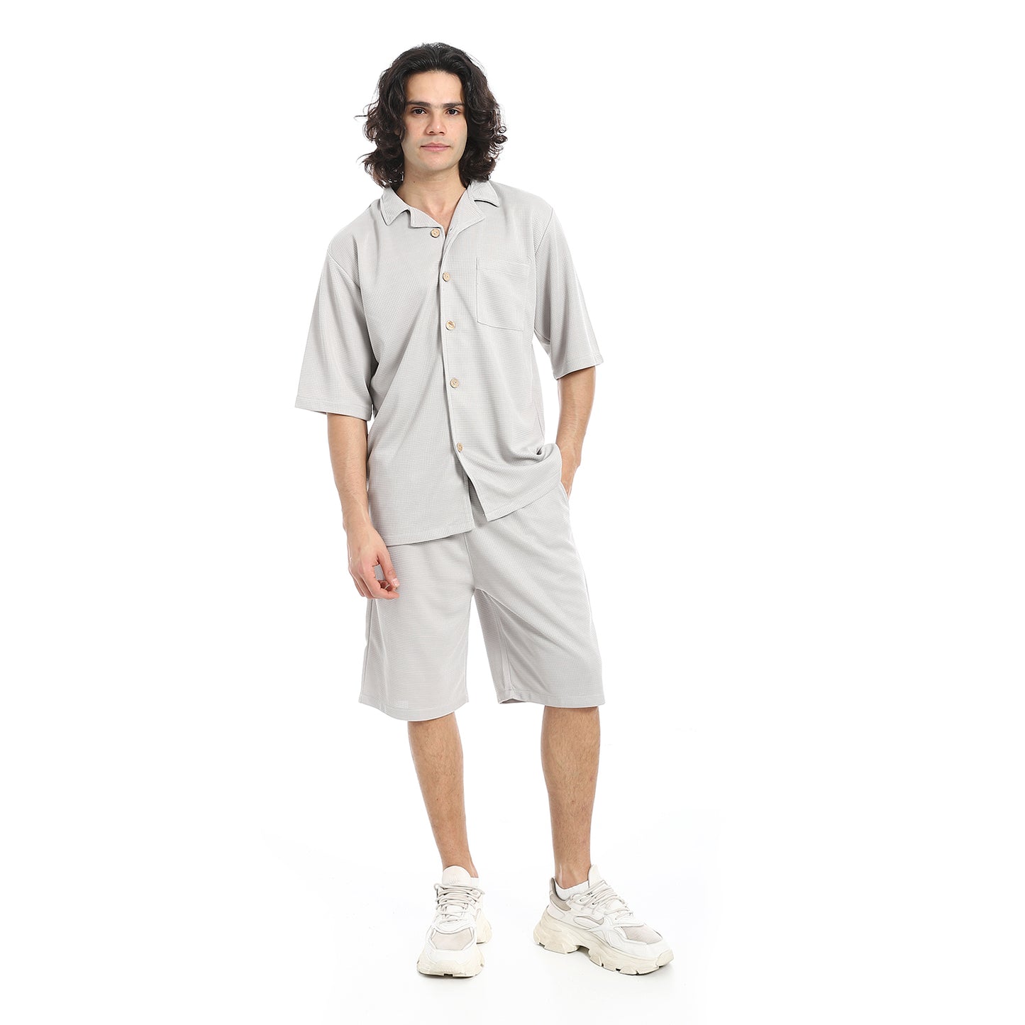 Regular Fit Pique White Shirt and Shorts Set