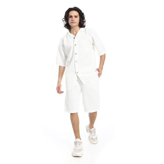 Regular Fit Pique White Shirt and Shorts Set