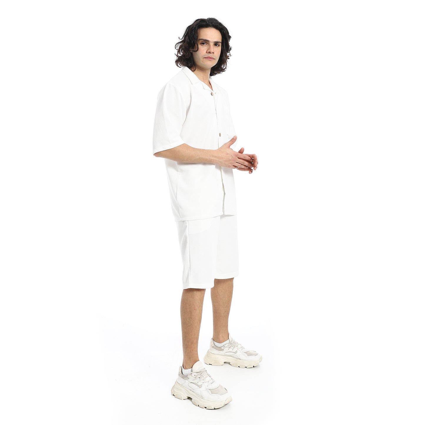 Regular Fit Pique White Shirt and Shorts Set