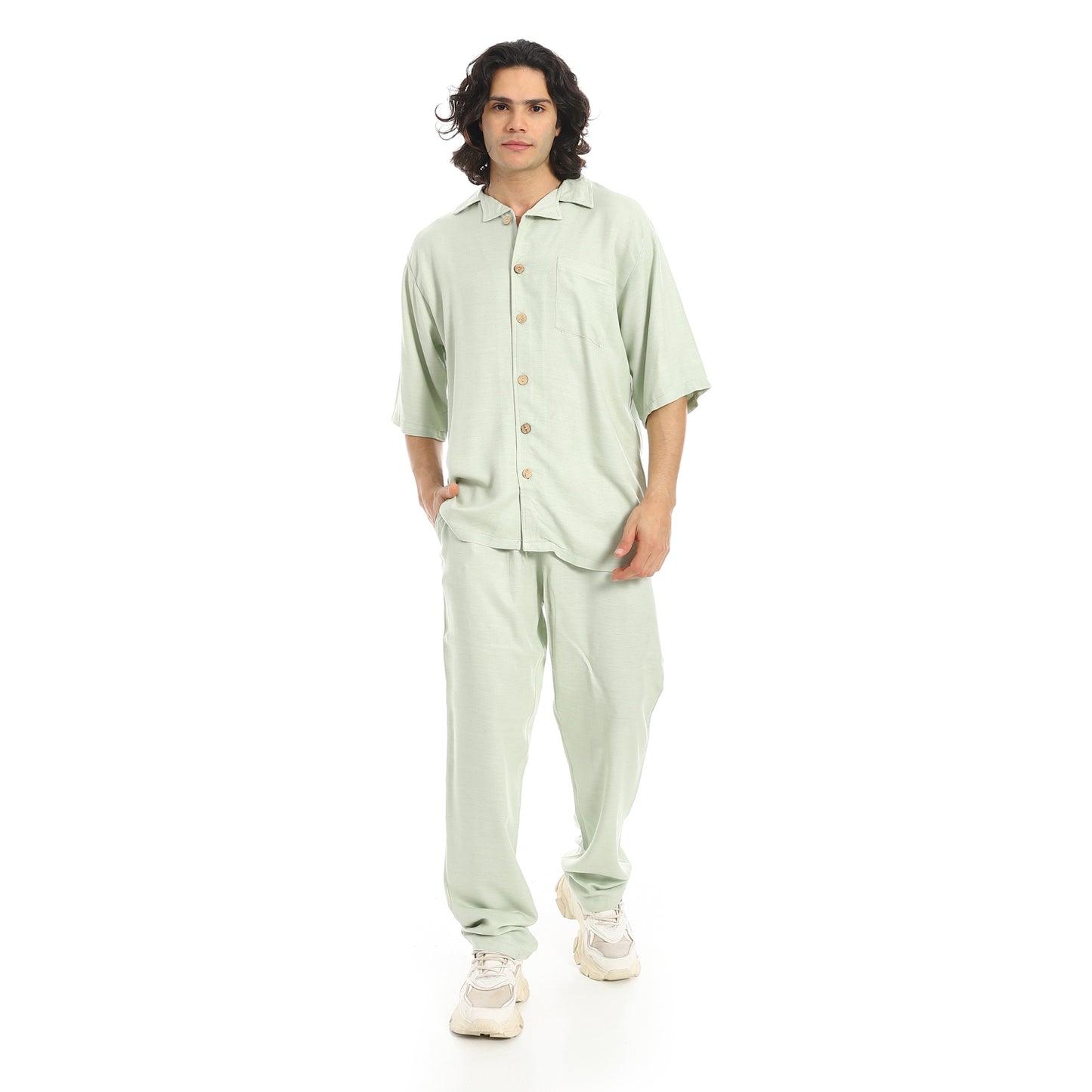 Short Sleeves Plain Pastel Shirt and Pants Set