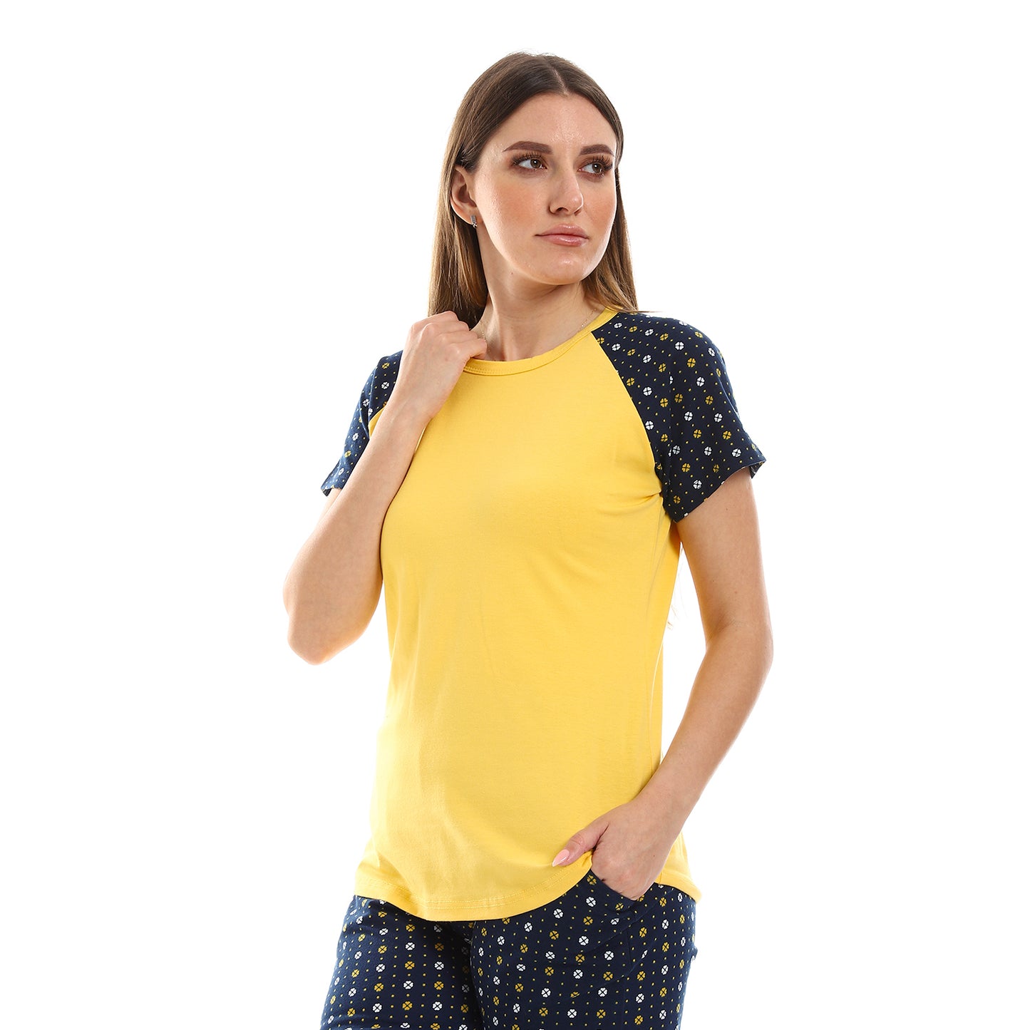 Self Pattern Round Neck Short Sleeves Pajama Set