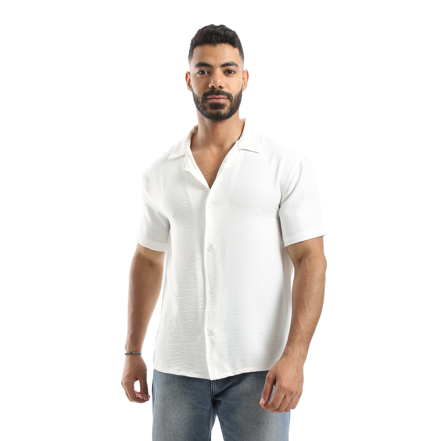 Half Sleeves Turned Down Collar Plain Button Closure Shirt