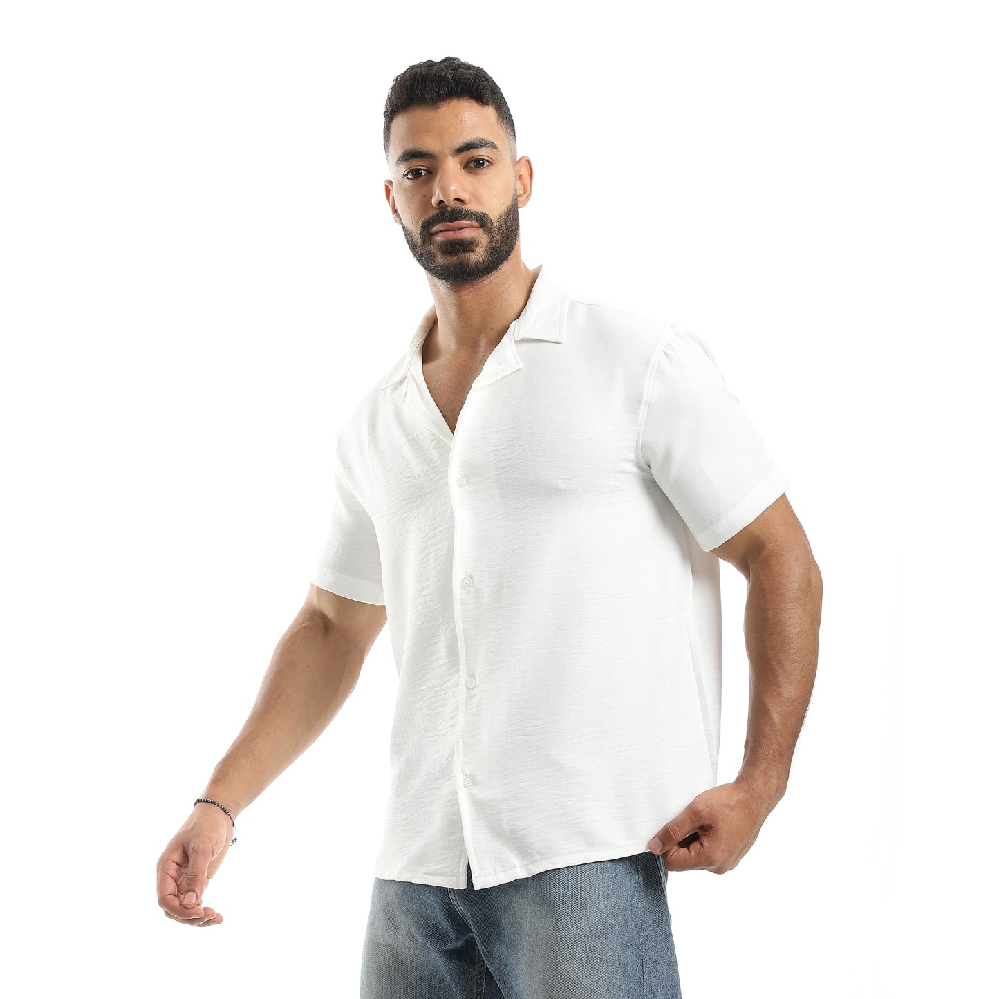 Half Sleeves Turned Down Collar Plain Button Closure Shirt