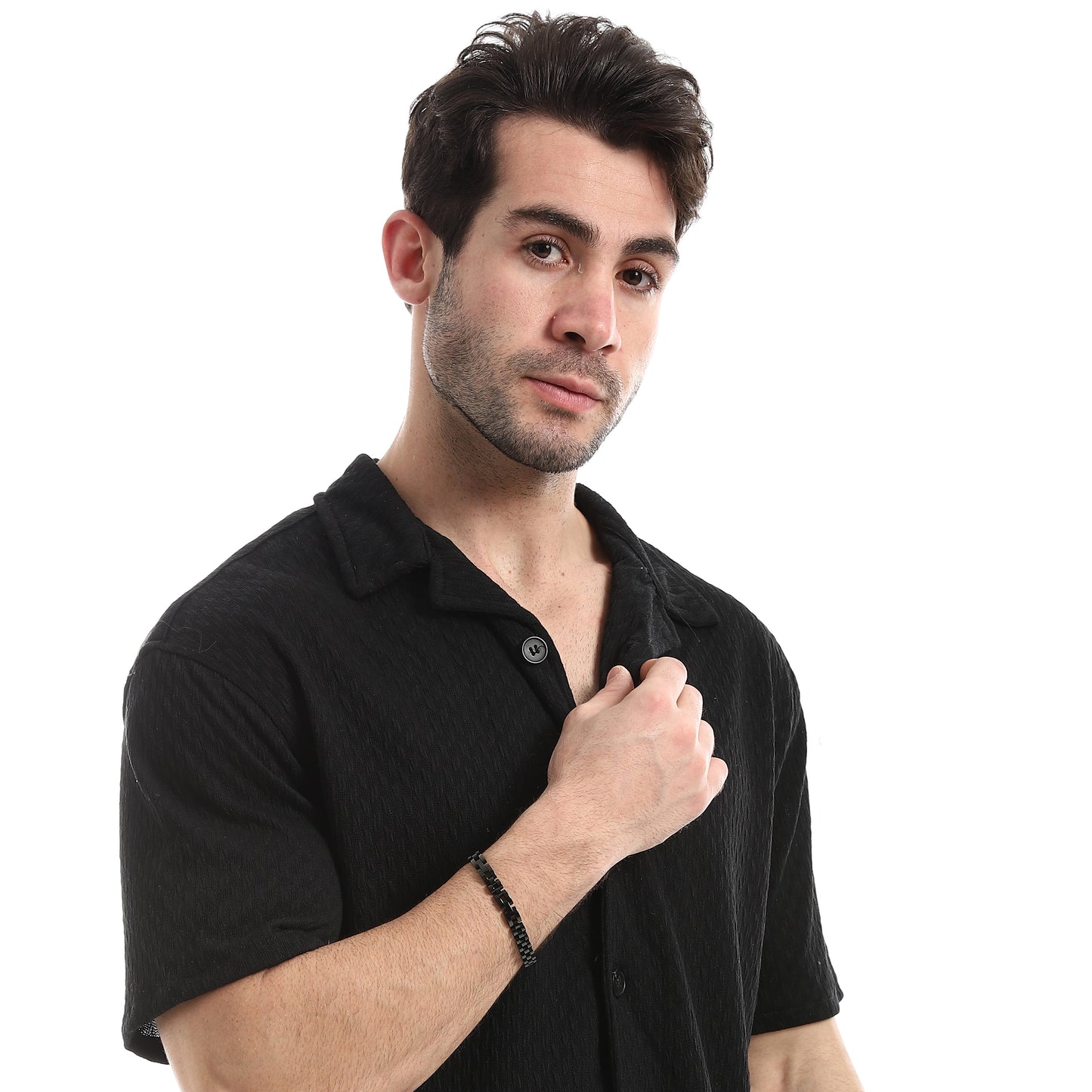 Short Sleeves Ribbed Button Closure Shirt