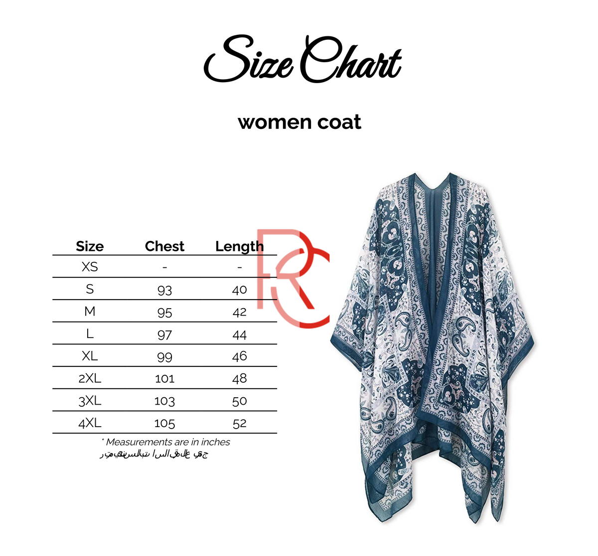 Size chart for Jamila women wrapped up self stitches cover up