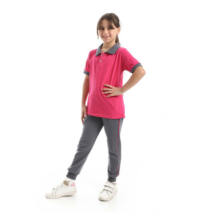 Red Circle Half Sleeve Polo Set + Pants Kids