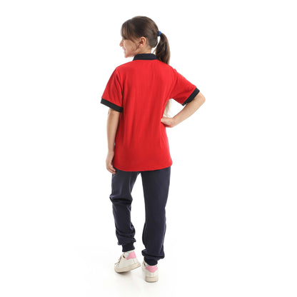 Red Circle Half Sleeve Polo Set + Pants Kids
