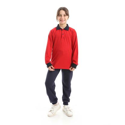 Red Circle Long Sleeve Polo Set + Pants Kids
