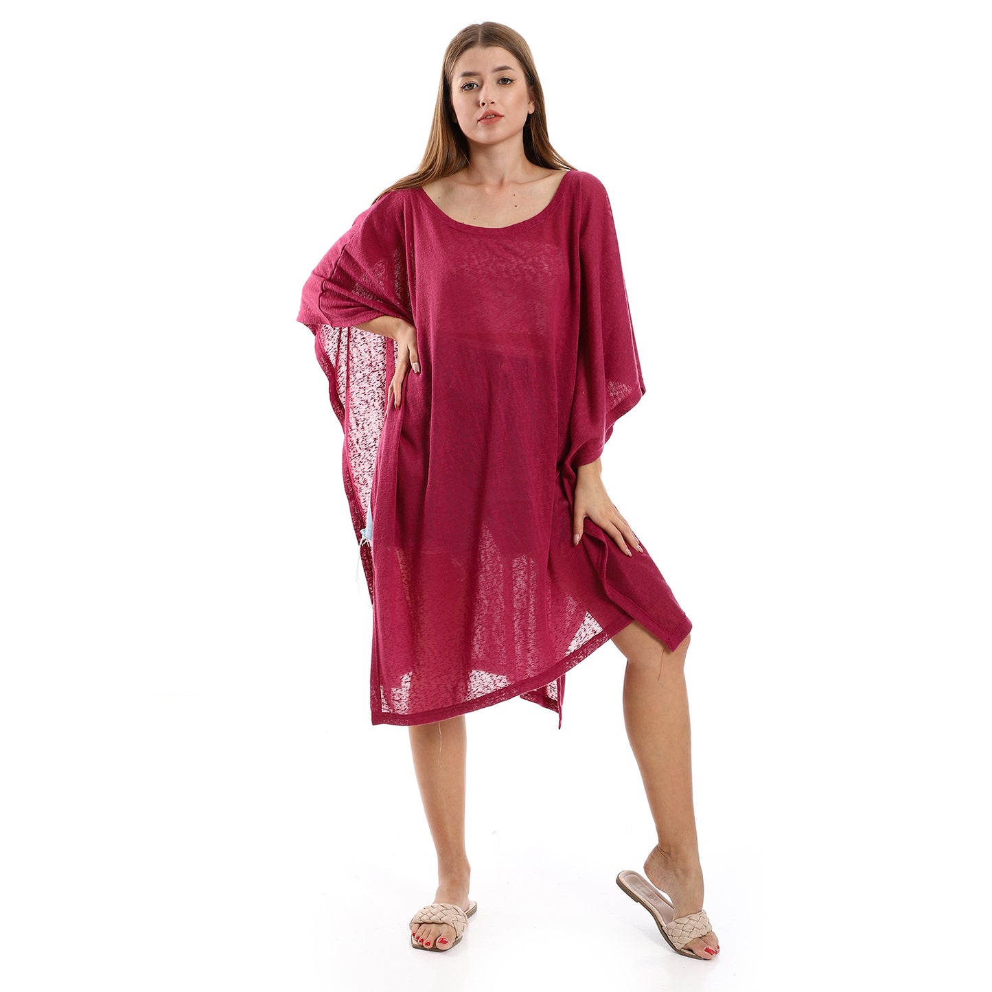 Jamila Women Knitted Deep Round Batwing Sleeves Cover Up