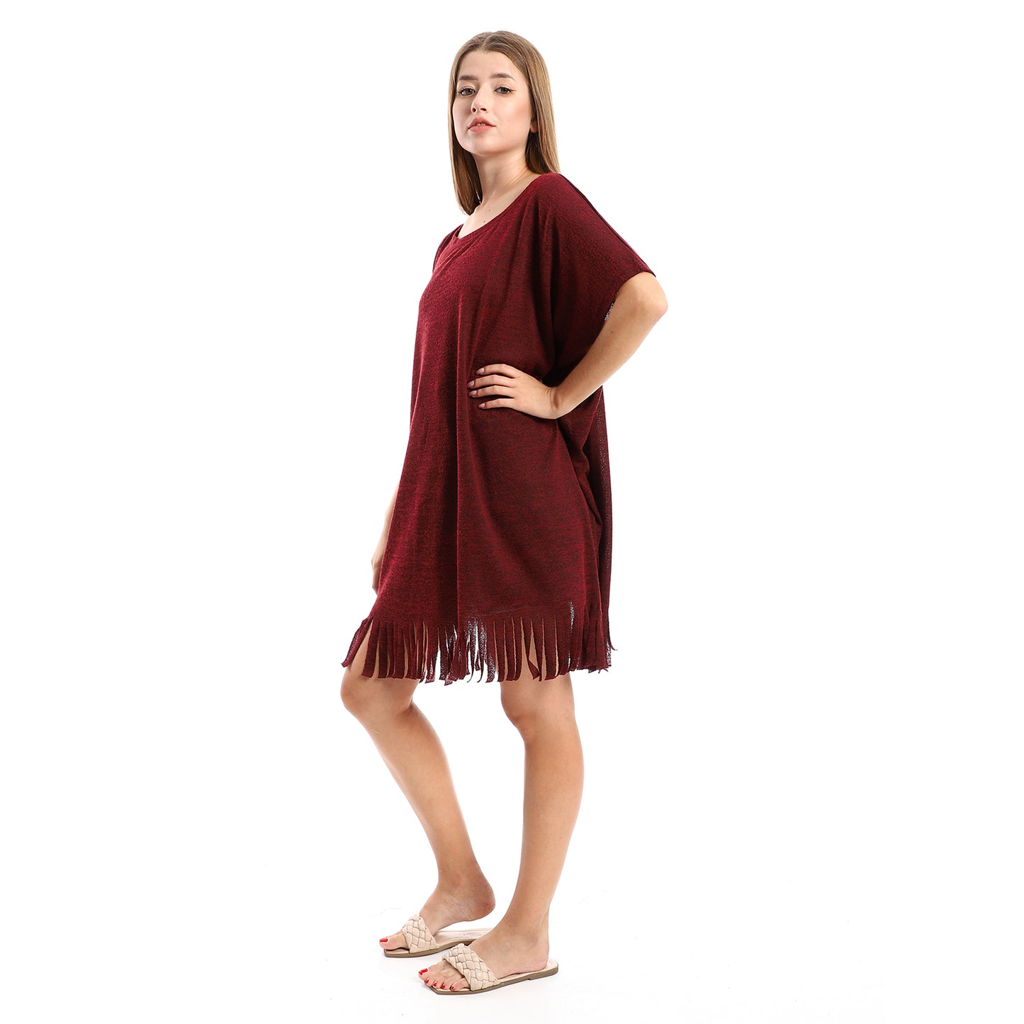 Jamila women solid pattern cover up with decorated fringes