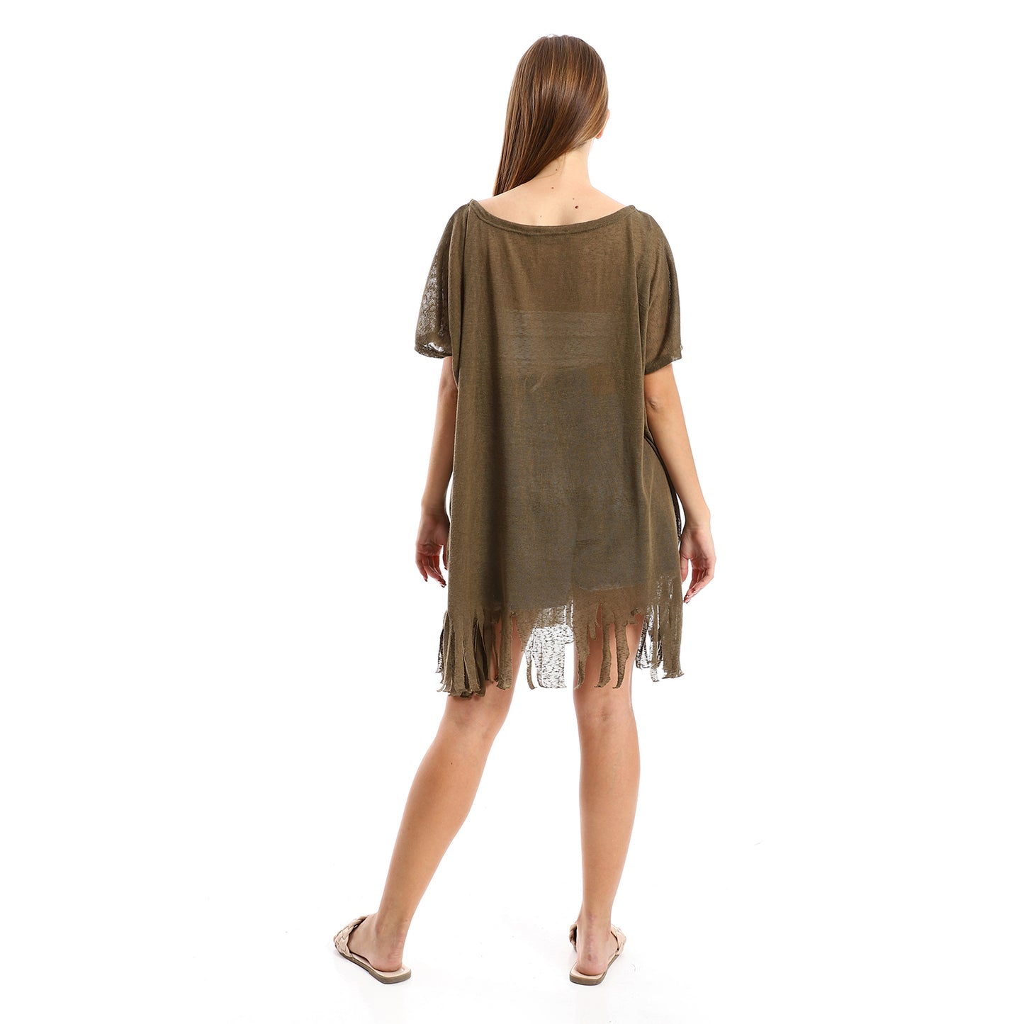 Jamila women solid pattern cover up with decorated fringes