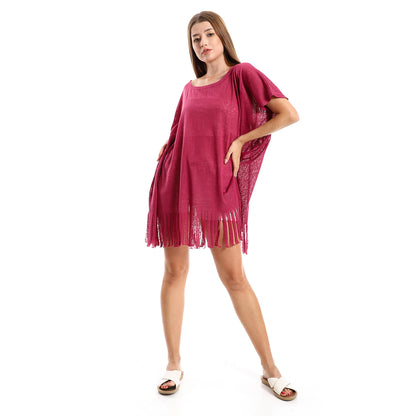 Jamila women solid pattern cover up with decorated fringes