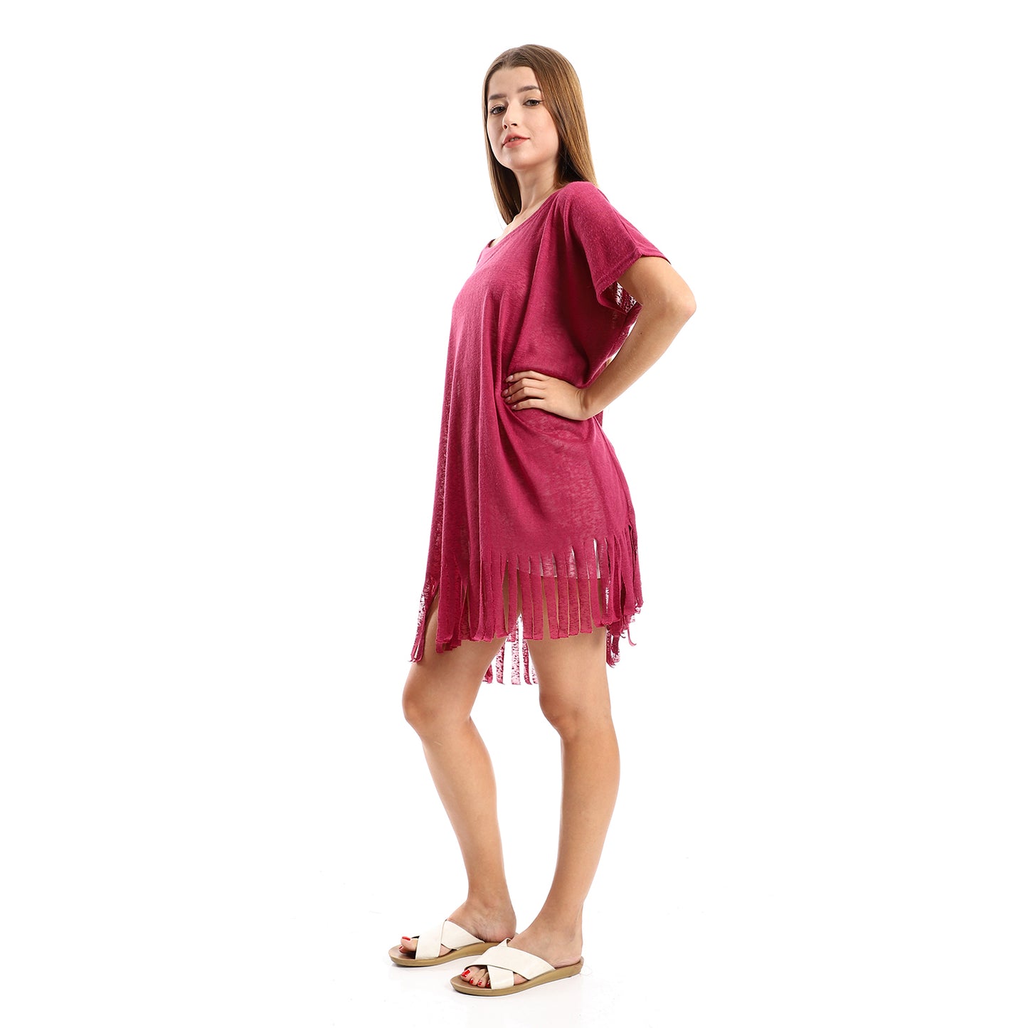 Jamila women solid pattern cover up with decorated fringes