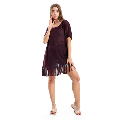 Jamila women solid pattern cover up with decorated fringes
