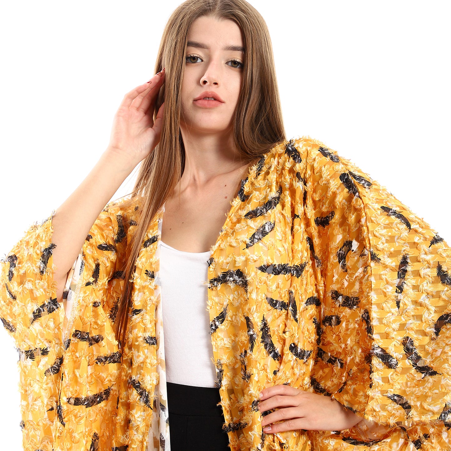 Jamila women eyelash open neckline cardigan with decorated fringes