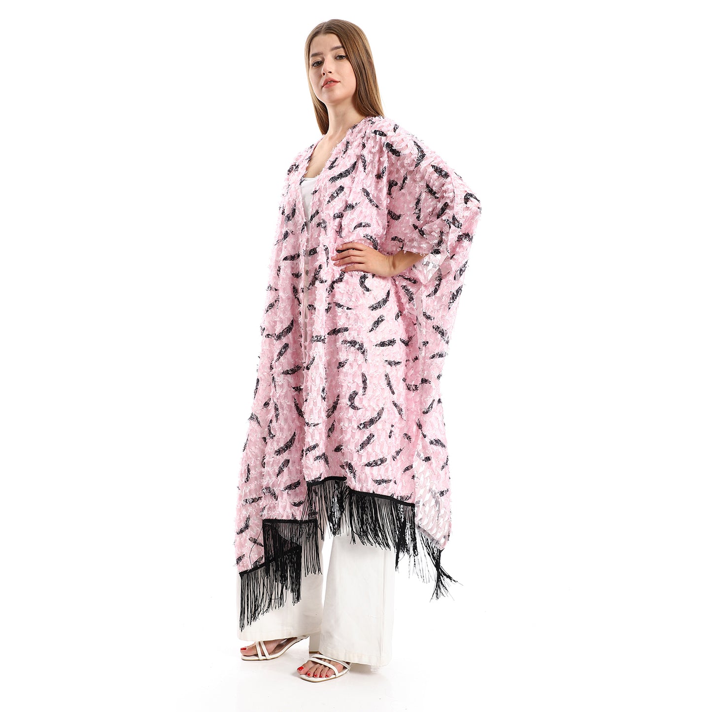 Jamila women eyelash open neckline cardigan with decorated fringes