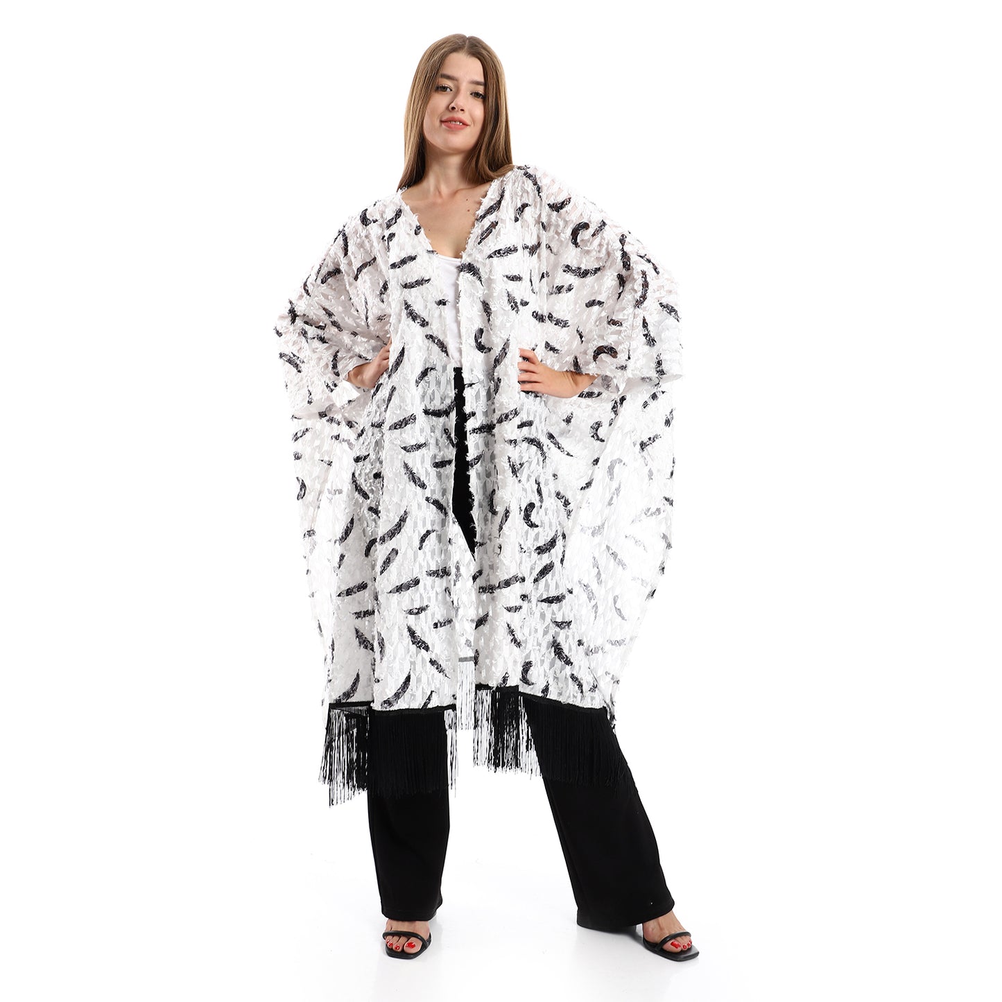 Jamila women eyelash open neckline cardigan with decorated fringes