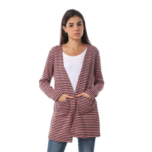 Jamila Women Hairline Stripes Front Pockets Long Sleeves Open Cotton Cardigan