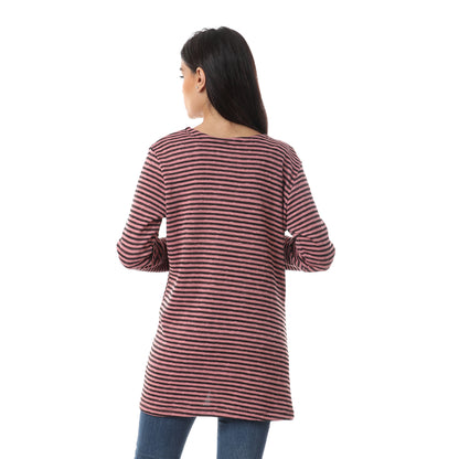 كارديجان جميلا نسائي مخطط بجيوب أمامية وأكمام طويلة من القطن مفتوح