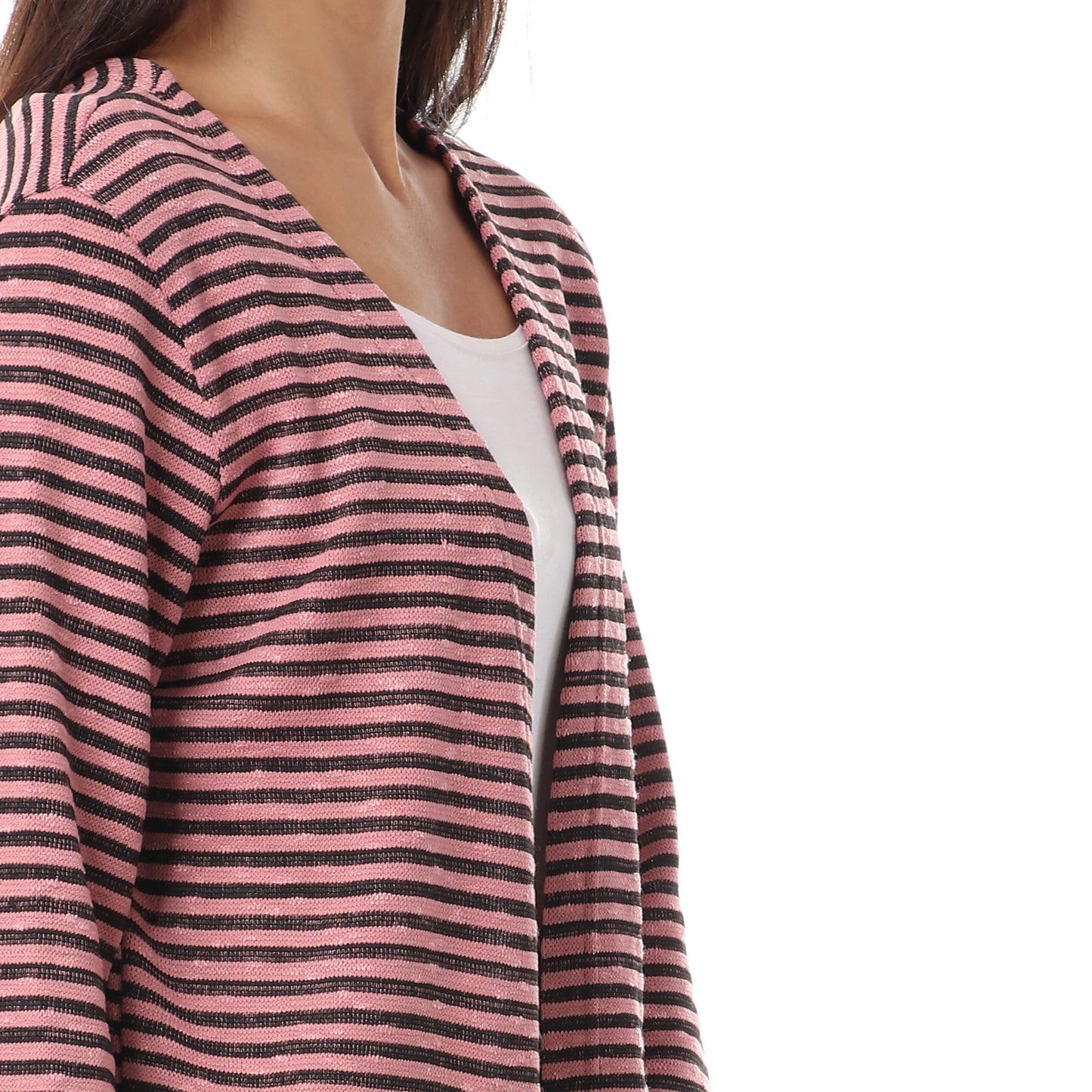 كارديجان جميلا نسائي مخطط بجيوب أمامية وأكمام طويلة من القطن مفتوح