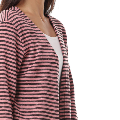 كارديجان جميلا نسائي مخطط بجيوب أمامية وأكمام طويلة من القطن مفتوح