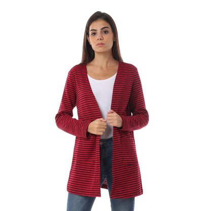 كارديجان جميلا نسائي مخطط بجيوب أمامية وأكمام طويلة من القطن مفتوح