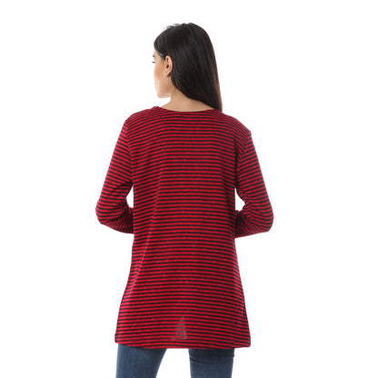 كارديجان جميلا نسائي مخطط بجيوب أمامية وأكمام طويلة من القطن مفتوح