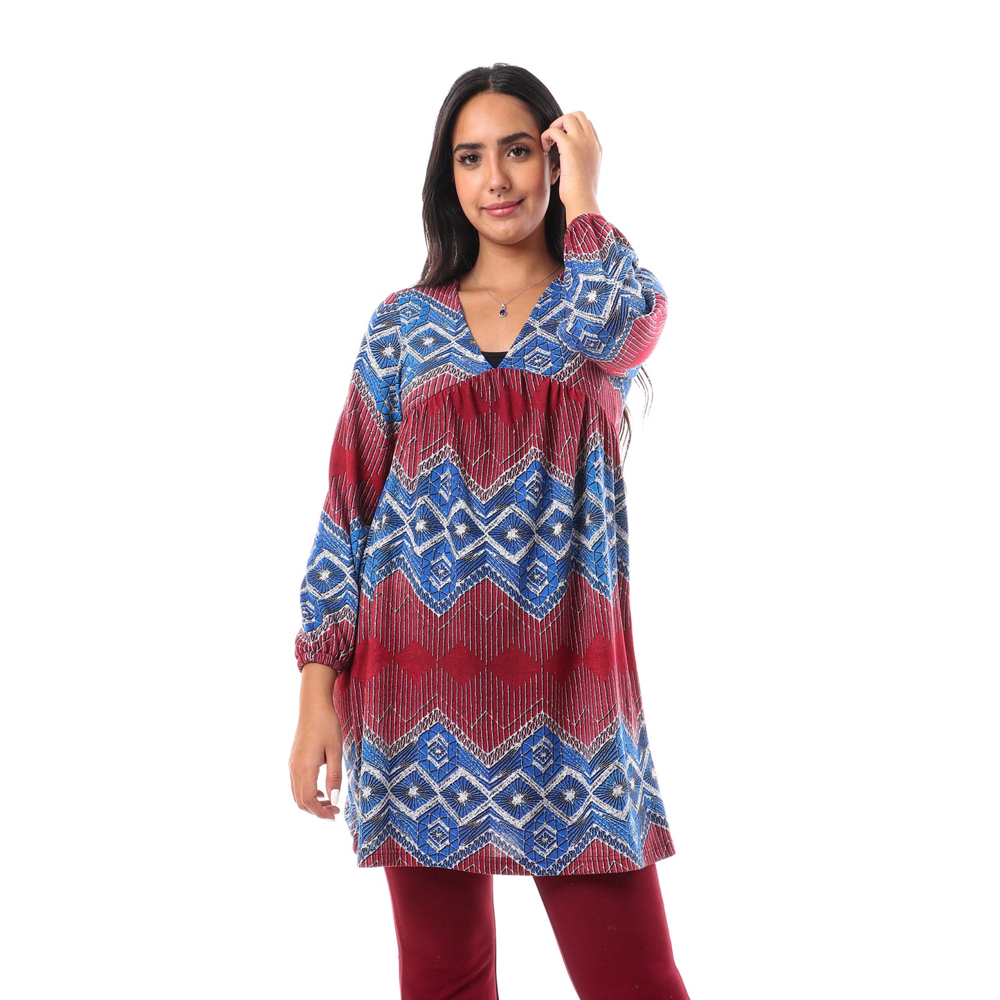 بلوزة جميلة نسائية برقبة على شكل حرف V وأكمام مرنة