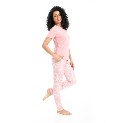 Self Pattern Short Sleeves Pajama Set