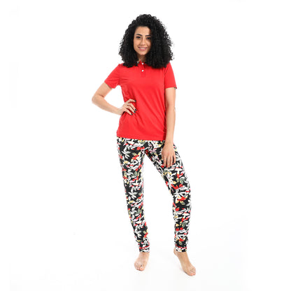 Self Pattern Short Sleeves Pajama Set
