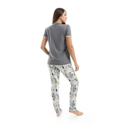 pajama with T-shirt and patterned pants
