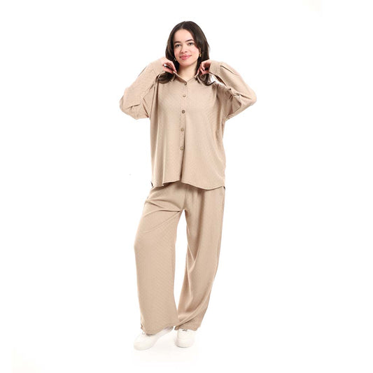 Long Sleeve Shirt and High Waisted Wide Leg Pants