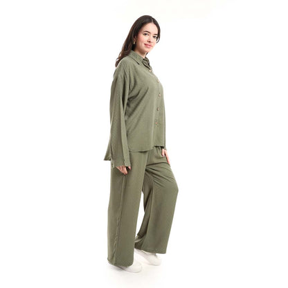Long Sleeve Shirt and High Waisted Wide Leg Pants