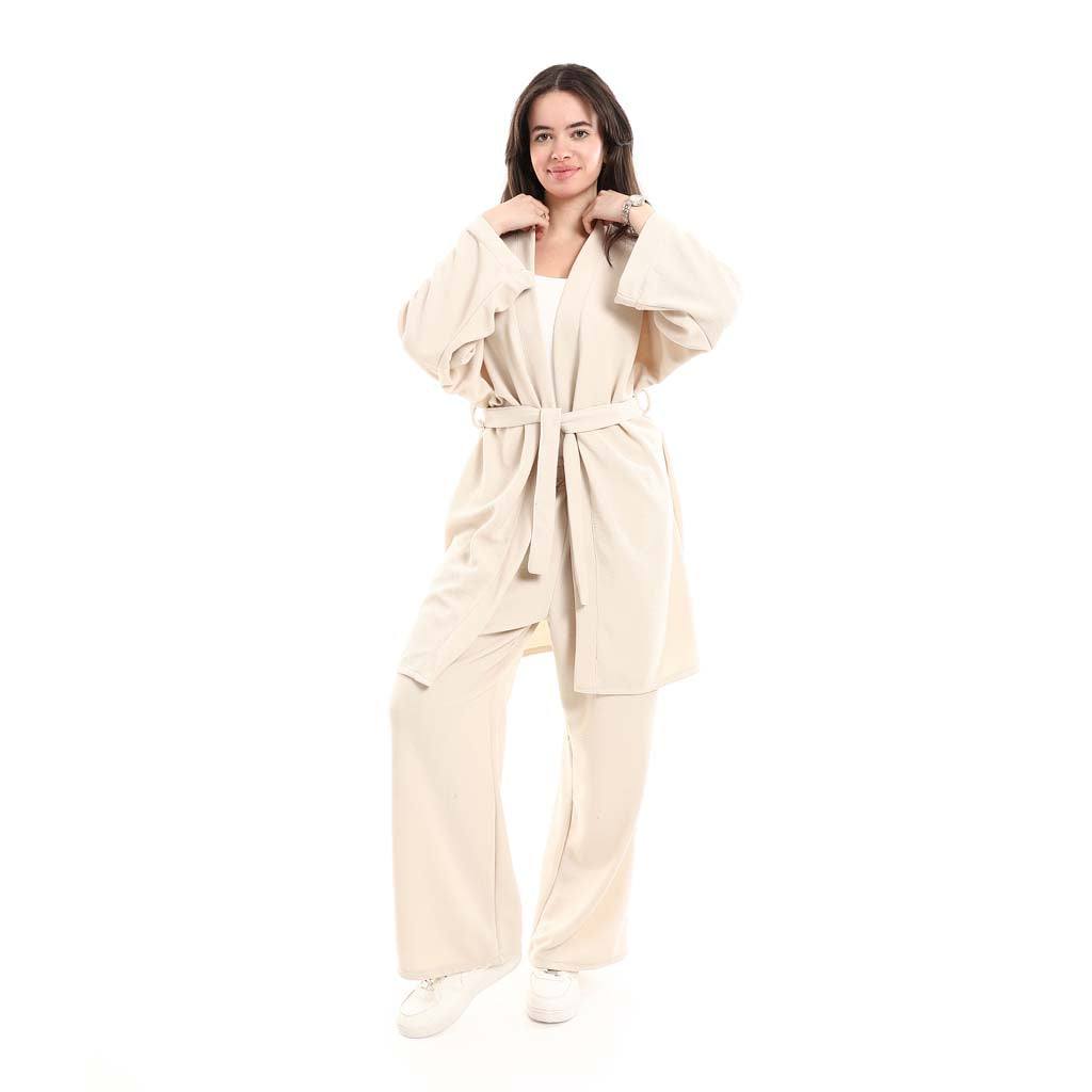 Open Front Belted Tunic with Matching Flowy Trousers